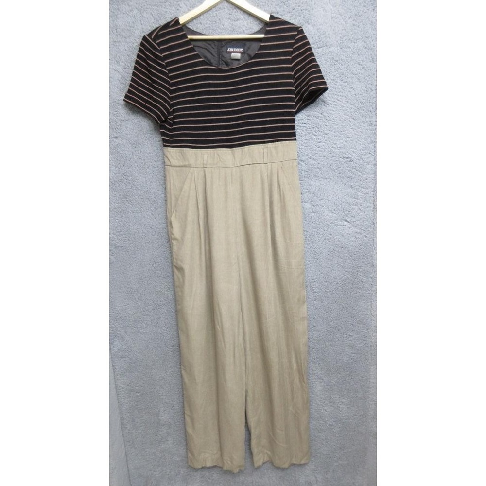 Vintage John Roberts Jumpsuit Womens 14 Black Tan Stripe Made USA Wide Leg